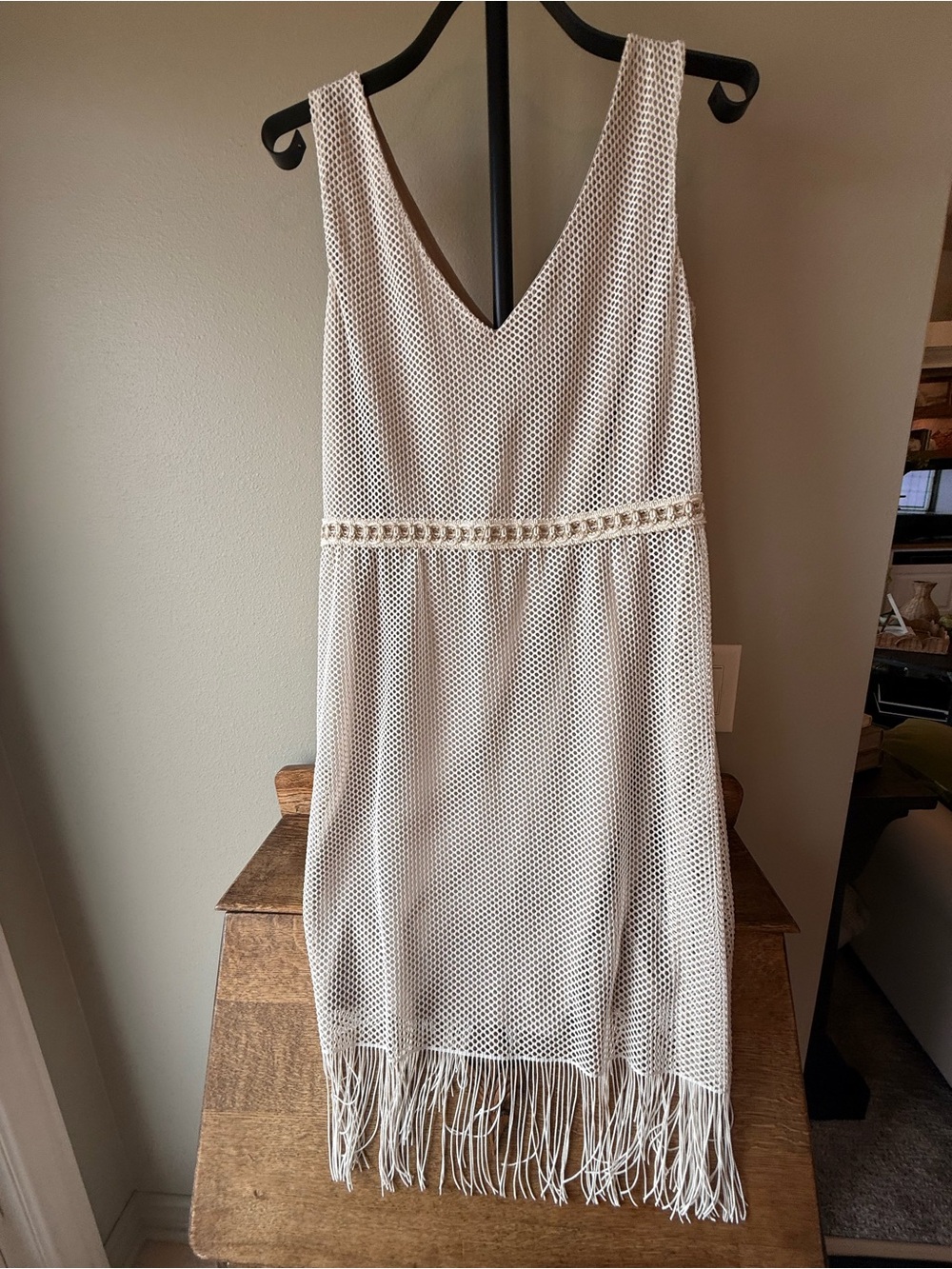 Women's White Fringe Midi Dress with V-Neck